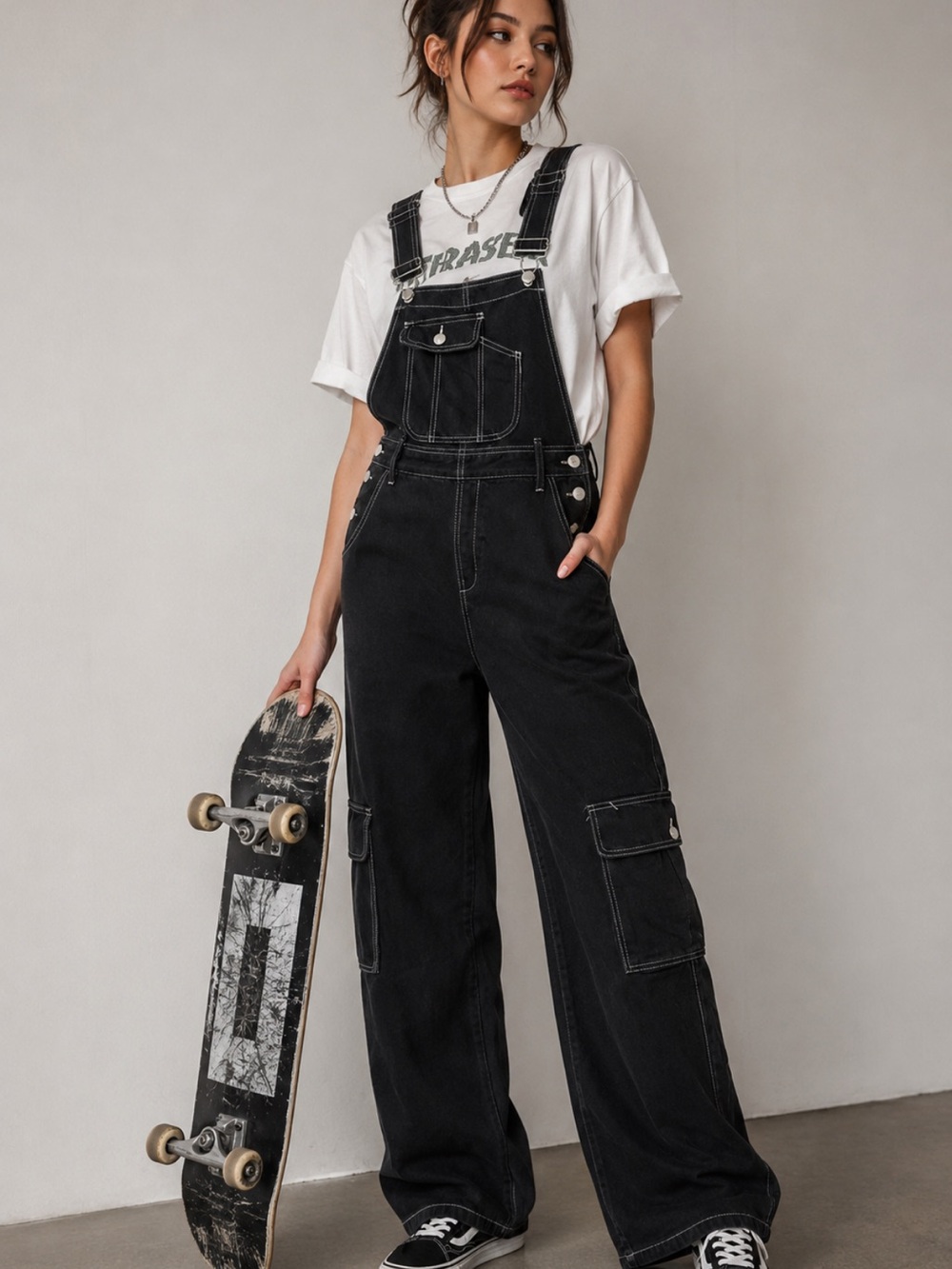 Forever 21 Black Wide Leg Cargo Denim Overalls Skater, Grunge
